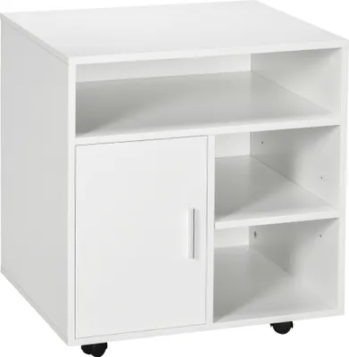 Image de HOMCOM Support d'imprimante organiseur bureau caisson placard porte 3 niches + grand plateau panneaux particules blanc
