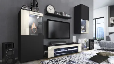Produktbild von Vladon Wohnwand Movie, Anbauwand bestehend aus 1 TV-Board, 2 Vitrinen und 1 Regal, Schwarz matt/Schwarz matt/Creme Hochglanz, inkl. LED-Beleuchtung weiß (Gesamt: 300 x 190 x 39 cm)