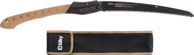 A folding saw and its sheath are displayed against a white background.