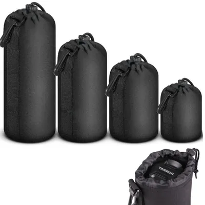 Produktbild von Objektivtaschen 4er-Set – EnthaltenS, M, L, XL , mit praktischen Karabinerhaken & Zugband, Geschenkideen für Fotografie-Begeisterte,schwarz