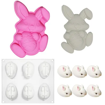 Produktbild von 2 Stück Silikon Kuchenform Hase Ostereier 3D Antihaft BPA-Frei Rosa+Weiß