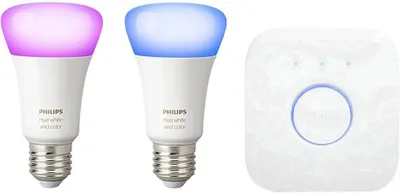 Produktbild von Philips Hue White and Color ambiance Starter-Set: 2 smarte Lampen E27 (800), Set für intelligente Beleuchtung, Bluetooth/Zigbee, Weiß, LED, E27, A60