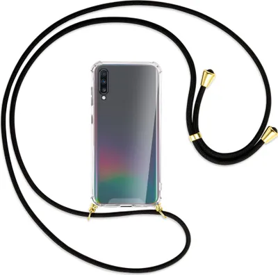 Produktbild von Handykette Backcover-Schutzhülle mit Band (Metall goldfarben) für Samsung Galaxy A70 - schwarz