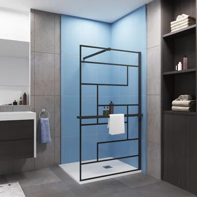 Produktbild von 140x200cm 8mm ESG Schwarz mit Handtuchhalter Walk-in Duschabtrennung