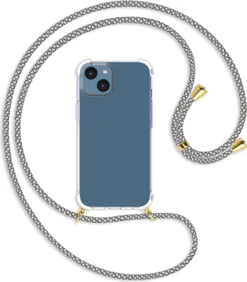 Produktbild von Handykette Backcover-Schutzhülle mit Band (Metall goldfarben) für Apple iPhone 14 (6.1'') - weiß/grau kariert