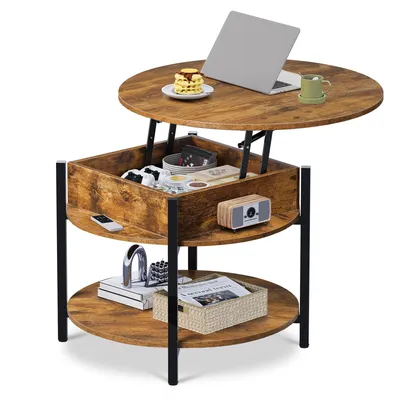 Produktbild von Couchtisch Höhenverstellbarer Runder, 2-facher Stauraum & Ablage, quadratischer, Beistelltisch aus Holz & Metall, höhenverstellbar, 60 x 60 x 48-61 cm