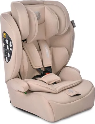 A beige car seat is shown against a white background.