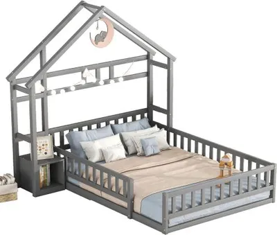 Produktbild von Hausbett mit Lattenrost, Nachtkonsole und Rausfallschutz, 140x200 cm, Kinderbett, Holzbett aus Kiefer
