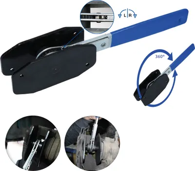 A collage of images showing a brake caliper piston spreader tool and its use in automotive repair.