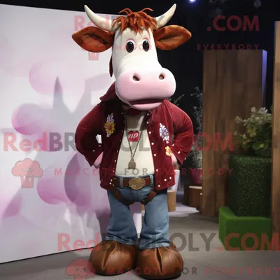 Produktbild von Maskottchen REDBROKOLY einer kastanienbraunen Jersey-Kuh mit Bootcut-Jeans und Halsketten
