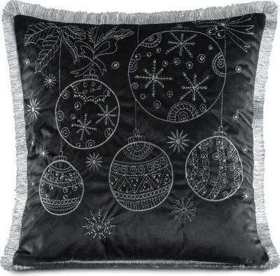 Produktbild von EUROFIRANY | Weihnachtskissenbezug - Dekokissenhülle - 45 x 45 cm - schwarz silber - Weihnachts-Zierkissenbezug - mit Fransen