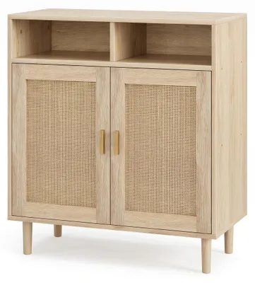 Produktbild von Rattan Aufbewahrungsschrank - Sideboard mit 4 Türen - Anrichte mit Regal - Handgeflochtener Boho Stil - Für Flur und Esszimmer - Holzfarbe