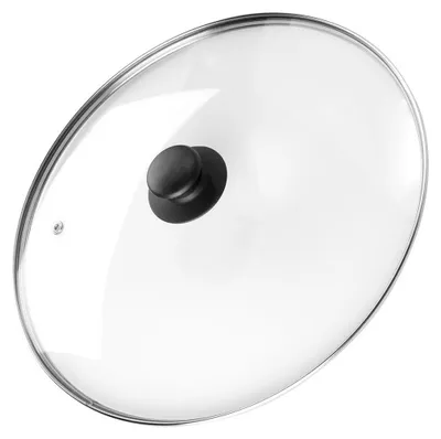 A clear glass lid with a black handle for a pot or pan.