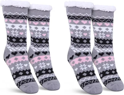 Produktbild von Haussocken (Grau / 1 Paar) Damen mit Teddyfutter - Hüttensocken mit Anti-Rutsch-Sohle - ABS Norweger Socken Herz - Kuschelsocken Einheitsgröße Stopper