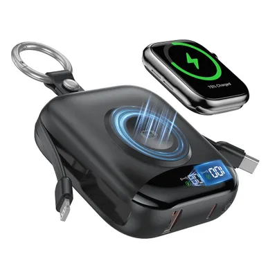 Zdjęcie produktu dla P007 Powerbank 10000 mAh z bezprzewodowym ładowaniem 22,5 W, 1 wejściem i 5 wyjściami, USB-C i wbudowanym kablem, szybką ładowarką QC3.0/PD4.0 – czarny