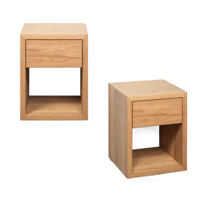 Two wooden nightstands are shown against a white background.