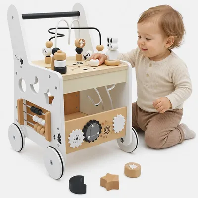 Zdjęcie produktu dla Drewniany Pchacz 6w1 Chodzik dla Dzieci Stolik Edukacyjny Sorter Klocków Labirynt Montessori