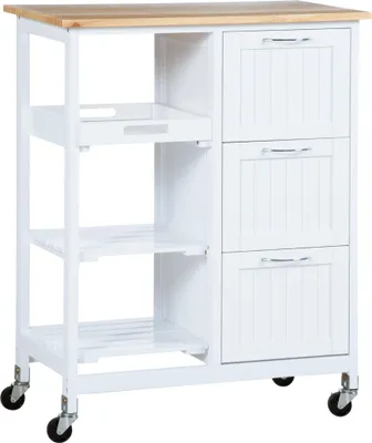 Produktbild von Küchenwagen, Servierwagen mit 3 Schubladen, 3 Ebenen, Arbeitsplatte, Küchenrollwagen, Aufbewahrungswagen, Weiß, 67 x 37 x 85 cm