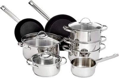 Image de Ensemble de 11 pièces de batterie de cuisine Amazon Basics, en acier inoxydable, compatible avec les plaques à induction, avec couvercles, de couleur argentée