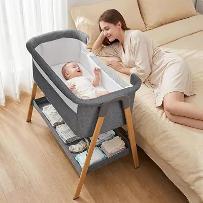 Imagen del producto de Cuna auxiliar para bebé 2 en 1, cuna y moisés para recién nacidos, con cesta de almacenamiento y colchón suave (gris)