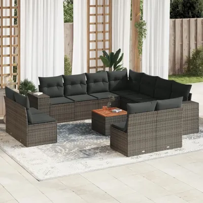 Produktbild von Design 12-tlg. Garten-Sofagarnitur mit Kissen Grau Poly Rattan, Gartenmöbel-Sets 2024 Neu