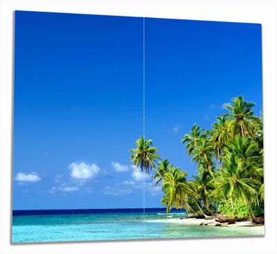 Produktbild von Wallario Herdabdeckplatte aus Glas, Größe 60 x 52 cm 2-teilig, Motiv Blauer Himmel  weißer Strand  Palmen und das tiefblaue Meer