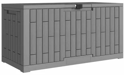 Image de Coffre de jardin - Coffre de rangement XL 379 litres - Étanché et verrouillable - Aspect bois - Résistant aux UV - 122,5 x 56 x 62 cm - Gris