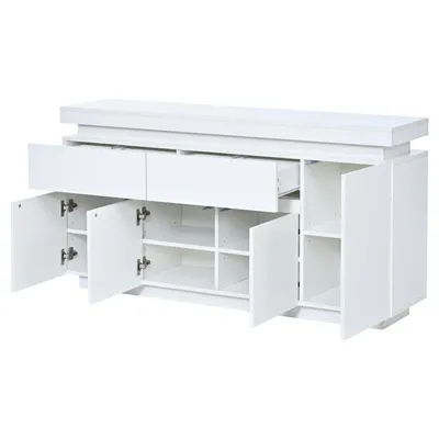 Produktbild von Merax Sideboard mit LED-Beleuchtung, Kommode mit 2 Schubladen und 4 Türen, Wohnzimmerschrank mit großem Stauraum, Hochglanz Weiß