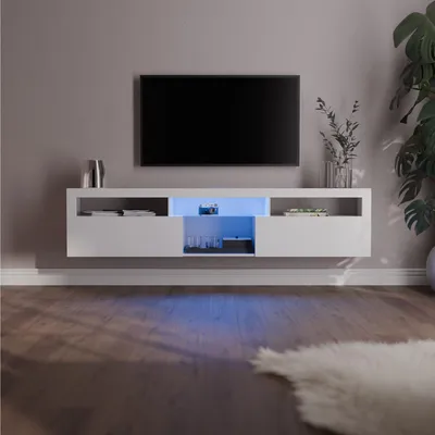 Produktbild von Klarstein TV Board Weiss, Wohnzimmer Möbel für TV, 150 cm Fernsehschrank mit Color-LEDs, Großes TV-Lowboard, Niedrige TV-Schränke mit Stauraum, Schrank für Fernseher, TV-Schrank Modern, Weiß