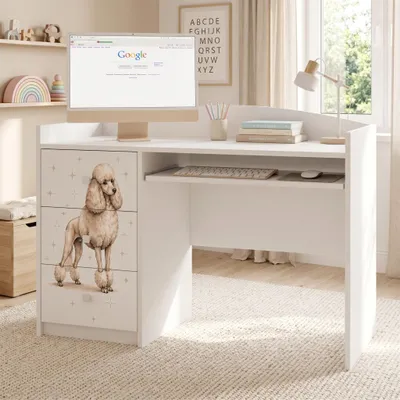 Immagine prodotto di Scrivania bianca per bambini con cassetto e vano portaoggetti, scrivania per studenti, adatta a ragazzi e ragazze, scrivania per computer e studio con decorazioni