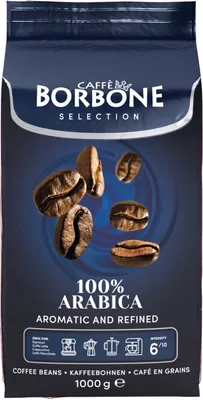 A bag of coffee beans with coffee beans floating around it.