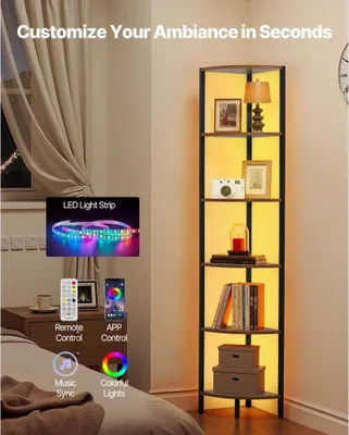 Produktbild von Eckregal 6 Ebenen mit LED-Licht, Hoher Eckständer, Displayregal Lagerplatz - Metallrahmen & Holzregale, Standregal Ausstellungsbücherregal für Schlafzimmer/Wohnzimmer/Büro, Braun