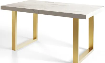 A rectangular dining table with a marble-like top and gold metal legs, presented against a white background.