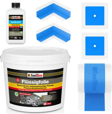 Produktbild von Isolbau Dicht-Set - Inkl. 1x Flüssigfolie (4 kg), 1x Isogrund (1 L), 1x Dichtband (5 m), 2x Innenecken & 2x Manschetten
