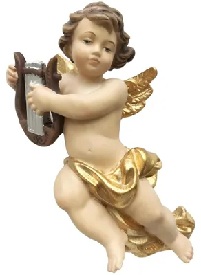 Produktbild von Holzengel, fliegend, mit Lyra, 10 cm, handbemalt, religiöses Gebrauchsgegenstand