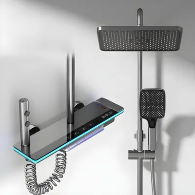Produktbild von Duscharmatur Duschsystem Regendusche mit Thermostat | Komplettset | Smarte Regendusche mit Wasserfall, LED-Beleuchtung & LED-Display | Silber