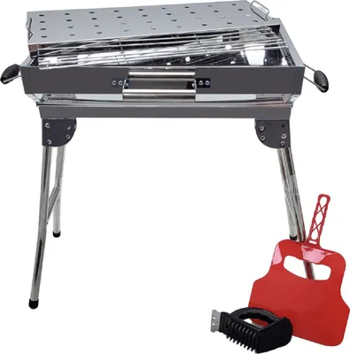 Produktbild von Mangal Iskander Edelstahl rostfrei Schaschlik Grill mit Grillrost Fächer Bürste