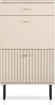 A front view of a beige shoe cabinet with fluted doors and two drawers, standing on black legs.