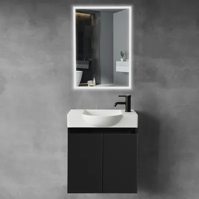 Produktbild von Alpenberger Badmöbel Set Keramik Waschbecken mit Unterschrank und Badspiegel mit Beleuchtung | Badezimmerschrank mit Waschtisch | Badezimmermöbel | LED Spiegel