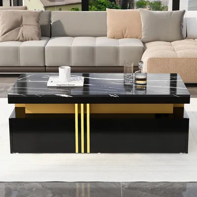 Productafbeelding van Salontafel, rechthoekig, hoogglanzend, met 2 houten lades, tafelblad met marmerlook, geschikt voor de woonkamer, afmetingen: 100x50x40 cm