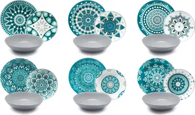 A collage of six different sets of plates and bowls, each featuring a mandala-like pattern in shades of blue and teal, with a plain gray bowl in front of each set.