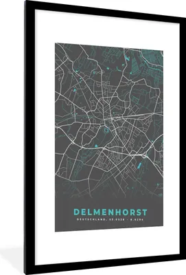Produktbild von MuchoWow® Gerahmtes Poster Karte - Stadtplan - Delmenhorst - Deutschland - Blau 60x90 cm - Poster mit Schwarzem Bilderrahmen Wandposter Rahmen Foto Bilder - Dekoration - Wandposter Wohnzimmer - Hochwertig