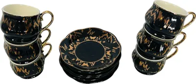Produktbild von Designer Espressotassenset für 6 Personen Tassen Geschirr Tafel Set Mokkatassen 6X Tassen + 6X Untertasse aus Porzellan Schwarz-Gold Retro Style Kaffeegedeck