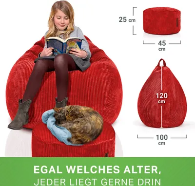 Produktbild von Green Bean® 2er Set Indoor XXL Sitzsack + Pouf mit EPS-Perlen Füllung - Fußhocker Fußkissen Hocker Bodenkissen Liegekissen Sitzkissen Lounge Chair - Rot