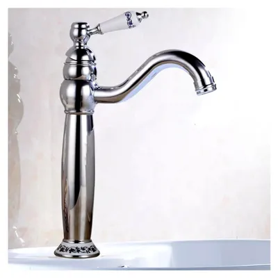 Produktbild von Wasserhahn Retro Nostalgie Waschbecken Antike Messing Mischbatterie Wasserhahn Vintage Porzellan Waschbeckenarmatur Nostalgie Wasserhahn Einhebelmischer Bad für Badezimmer, Silbrig