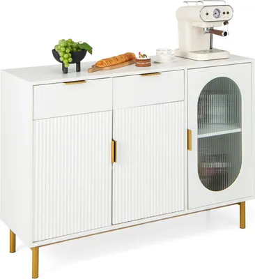 Produktbild von COSTWAY Buffetschrank, Küchen-Sideboard mit 2 geräumigen Schubladen  2 großen Schränken mit Türen & Metallbeinen, elegante freistehende Aufbewahrungseinheit für Esszimmer, Küche, Wohnzimmer, Weiß