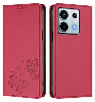 Produktbild von Lederhülle für Xiaomi Redmi Note 13 Pro 5G, Schmetterling Prägung Leder Brieftasche Schutzhülle mit Ständer Rot