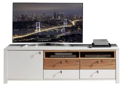 TV Lowboard SERPIO WF 33 Weiß mit Wildbuche-Absetzung in Gesamtansicht mit offenen Fächern.