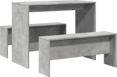 A three-piece dining set including a table and two benches, presented against a white background.