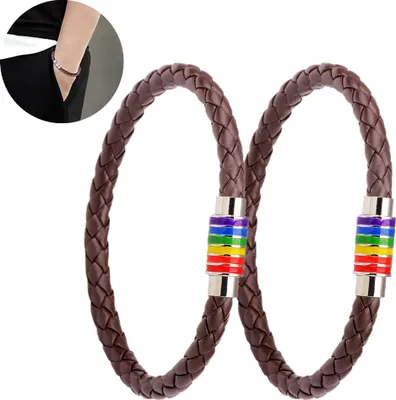 Produktbild von Armband Regenbogen Armband (2 Stück), Paar Lederarmband Herren Damen Armreif mit Regenbogen gestreift Magnetverschluss(Braun)